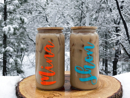 Color Changing Cups Personalized Glass Can Iced Coffee Cup Soda Beer Can Glass with Lid and Plastic Straw Christmas Gift Birthday Gift